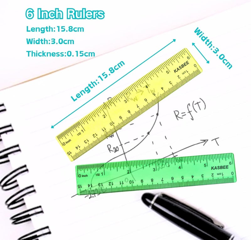 KASBEE 6 Inch Rulers, Colored Clear Rulers, Centimeters and Inches, Plastic Ruler for Kids, School, Home, Office, Pack of 7 - Image 2